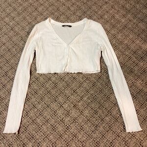 SHEIN White Ribbed Cropped V-neck Long Sleeve Button Front Top * Size Small